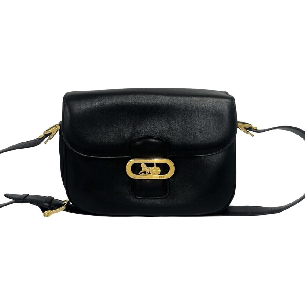CELINE Vintage Logo Carriage Hardware Calf Leather Genuine Shoulder Bag Pouch...